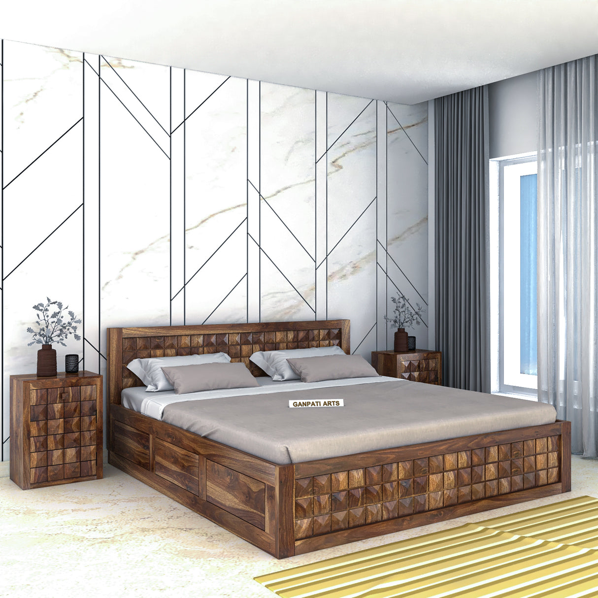 Oslo Diamond Solid Sheesham Wood Full Box Storage Bed - 3 Years Warranty