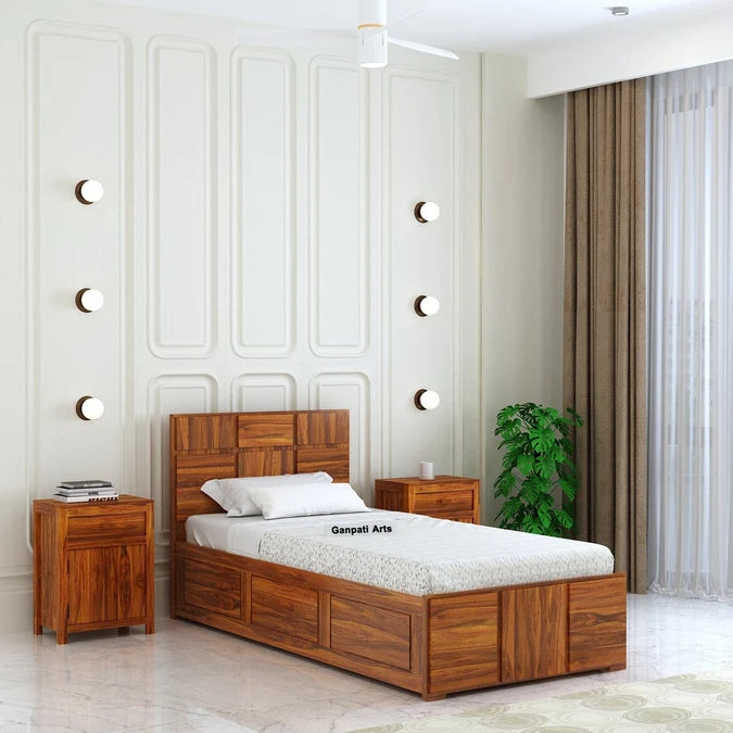Scott Solid Sheesham Wood Single Bed With Box Storage - 3 years Warranty features