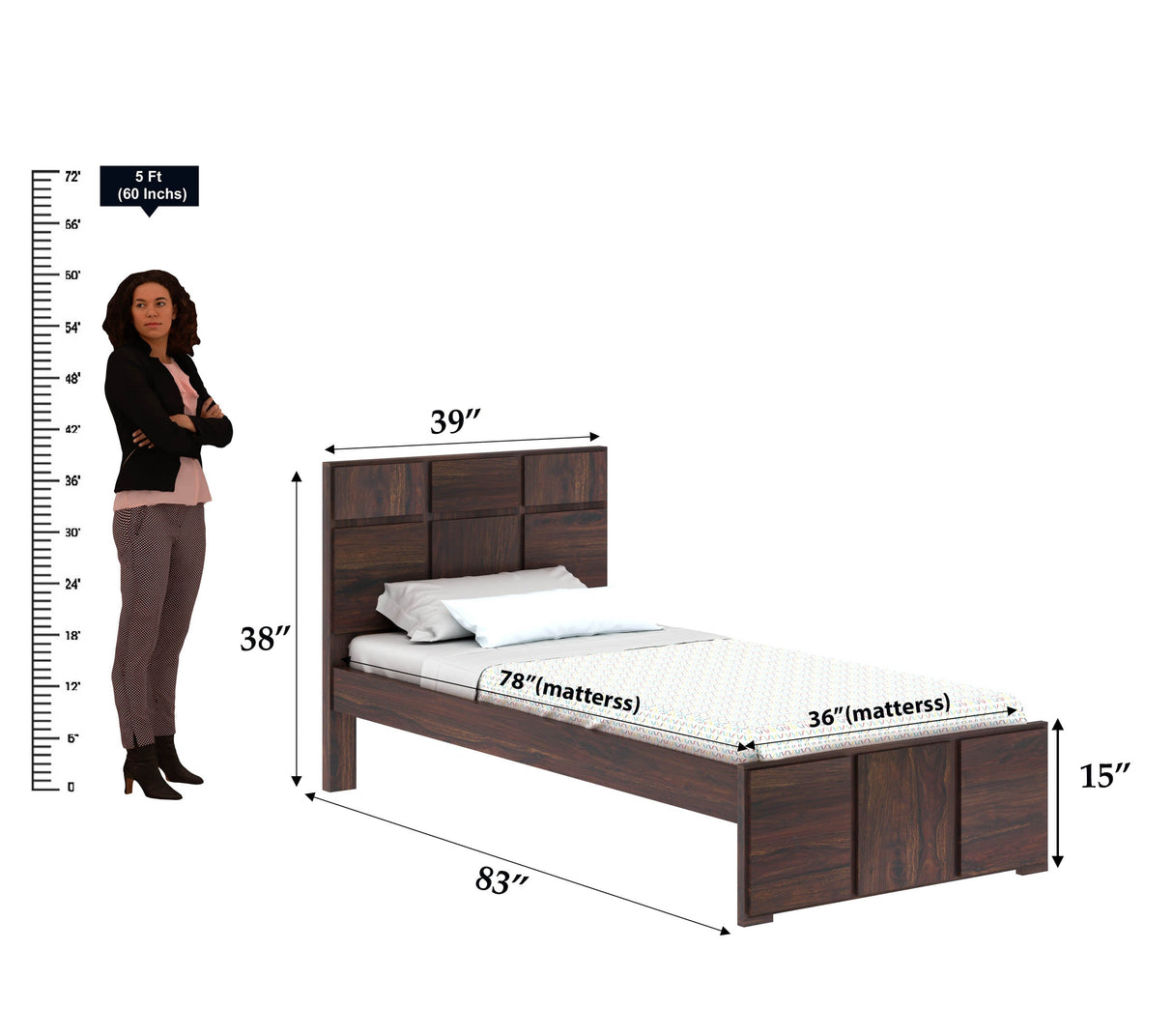 Scott Solid Sheesham Wood Single Bed  - 3 years Warranty