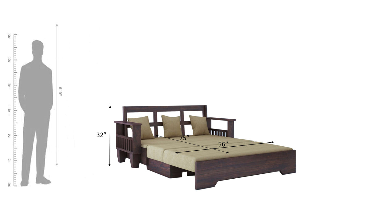 Maharaja Solid Sheesham Wood 3 Seater Sofa Cum Bed With Side Pockets - 3 Years Warranty
