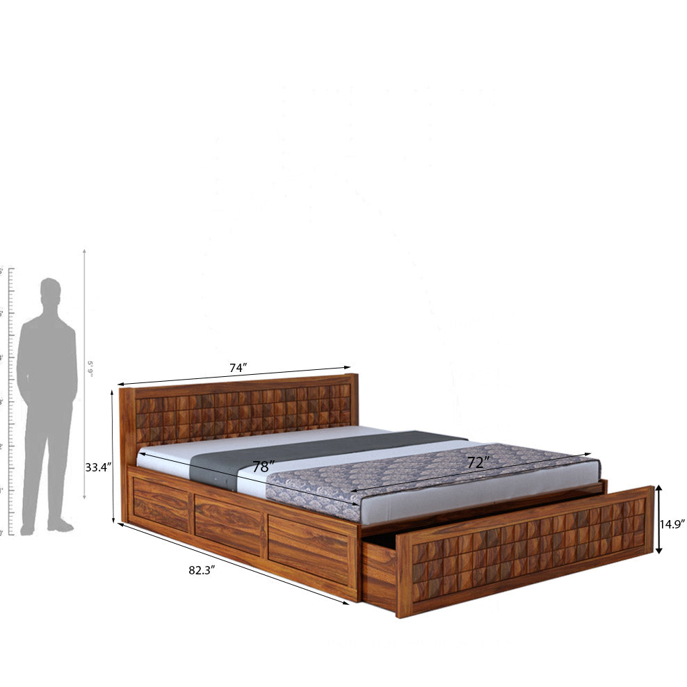 Oslo Diamond Solid Sheesham Wood Bed With Half Box and Trolly Storage - 3 Years Warranty