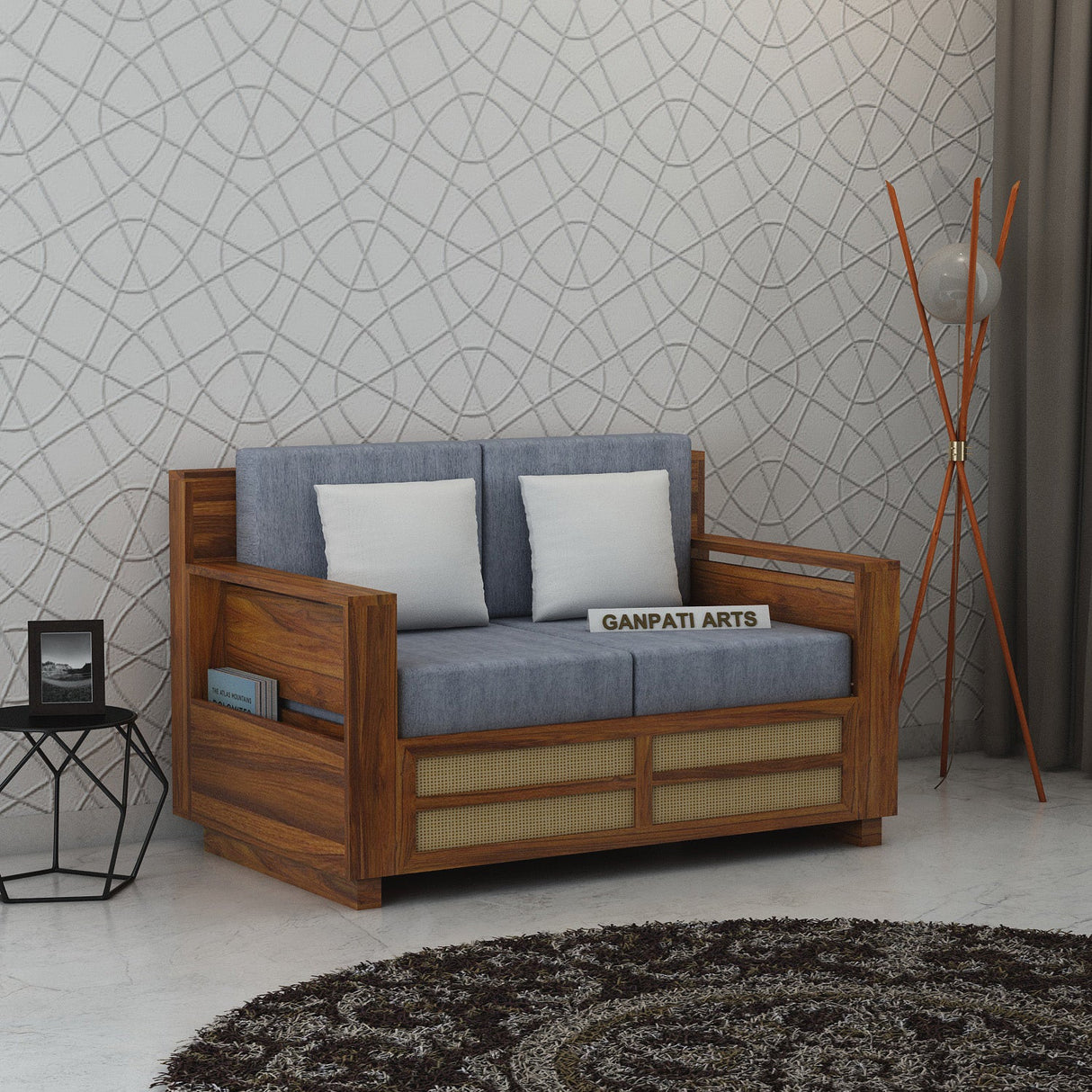 Syrus Solid Sheesham Wood 2 Seater Sofa With Side Pocket and Cane Design -3 Years Warranty