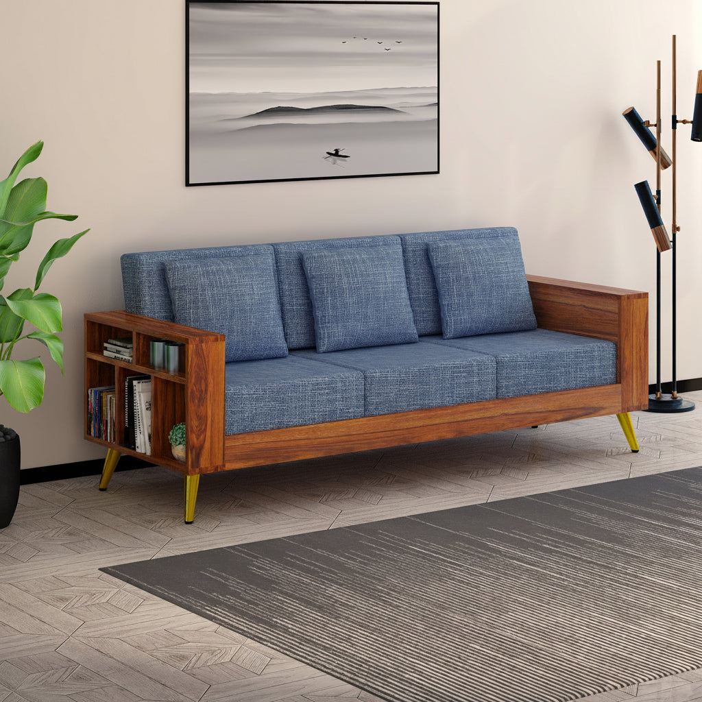 Bolt Solid Sheesham Wood 3 Seater Sofa With Side Storage - 3 Year Warranty (LUXE EDITION)