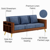 Bolt Solid Sheesham Wood 3 Seater Sofa With Side Storage - 3 Year Warranty (LUXE EDITION)