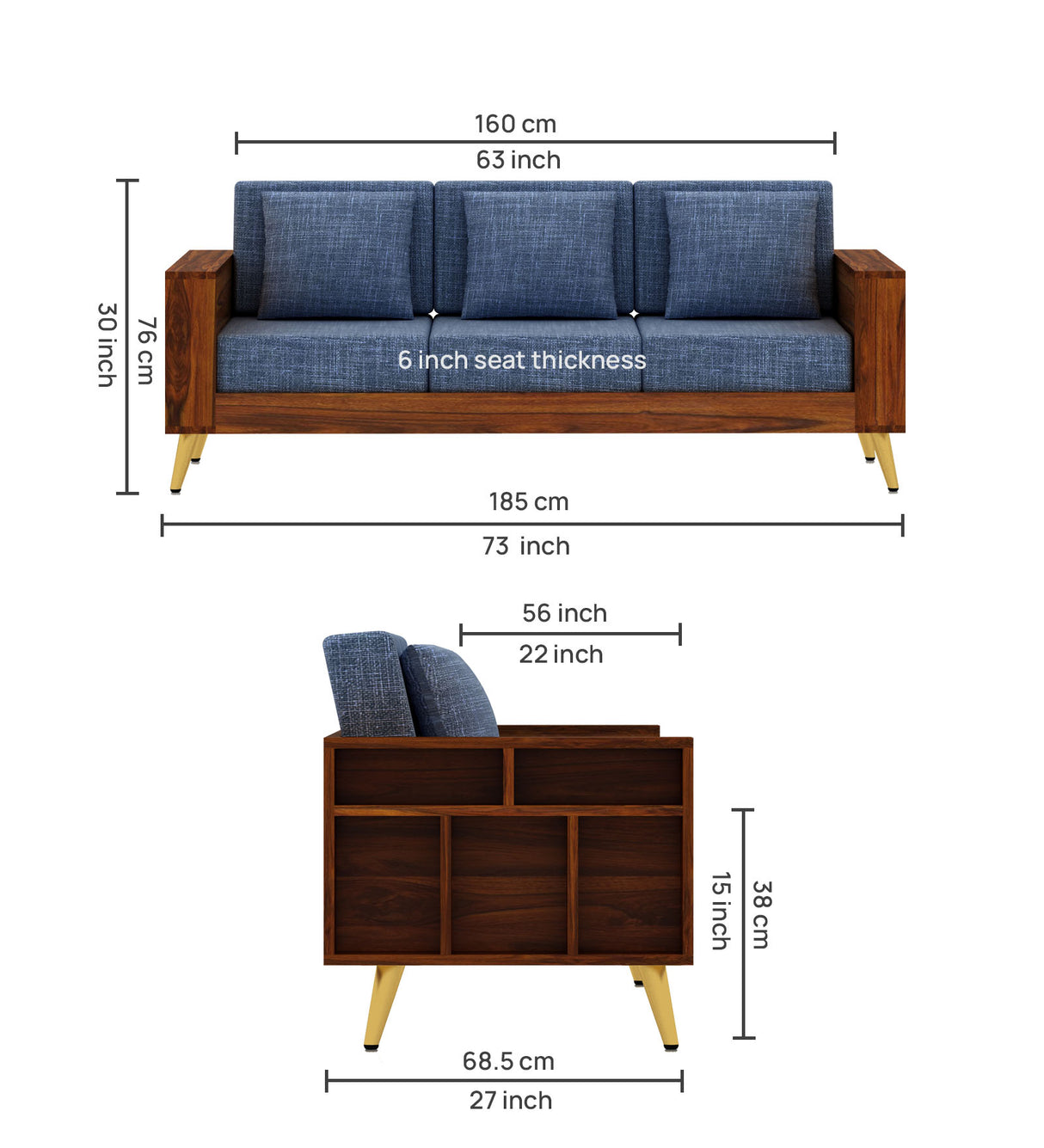 Bolt Solid Sheesham Wood 3 Seater Sofa With Side Storage - 3 Year Warranty (LUXE EDITION)