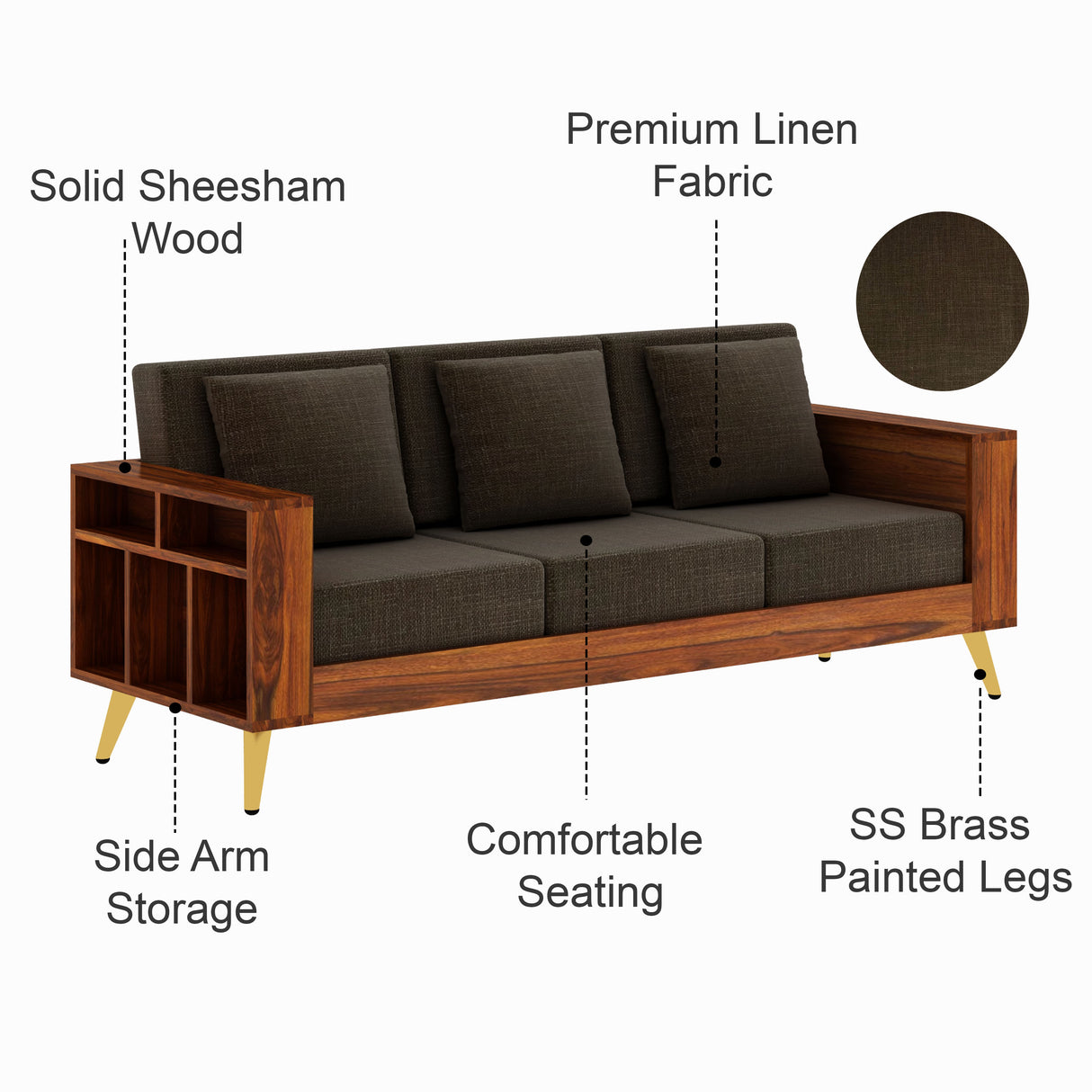 Bolt Solid Sheesham Wood 3 Seater Sofa With Side Storage - 3 Year Warranty (LUXE EDITION)