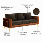Bolt Solid Sheesham Wood 3 Seater Sofa With Side Storage - 3 Year Warranty (LUXE EDITION)