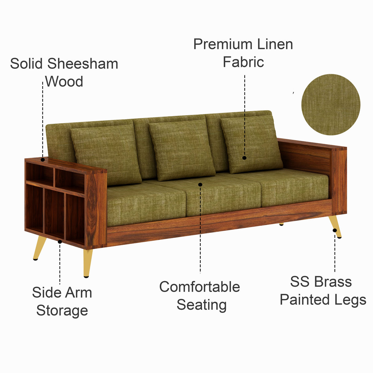 Bolt Solid Sheesham Wood 3 Seater Sofa With Side Storage - 3 Year Warranty (LUXE EDITION)