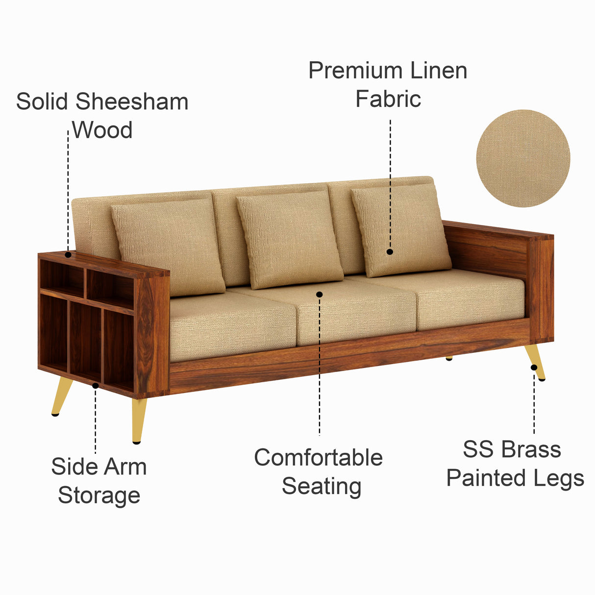 Bolt Solid Sheesham Wood 3 Seater Sofa With Side Storage - 3 Year Warranty (LUXE EDITION)