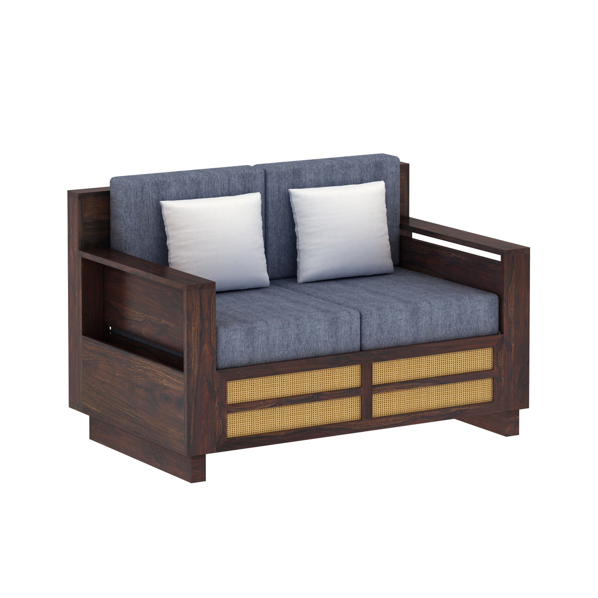 Syrus Solid Sheesham Wood 2 Seater Sofa With Side Pocket and Cane Design -3 Years Warranty