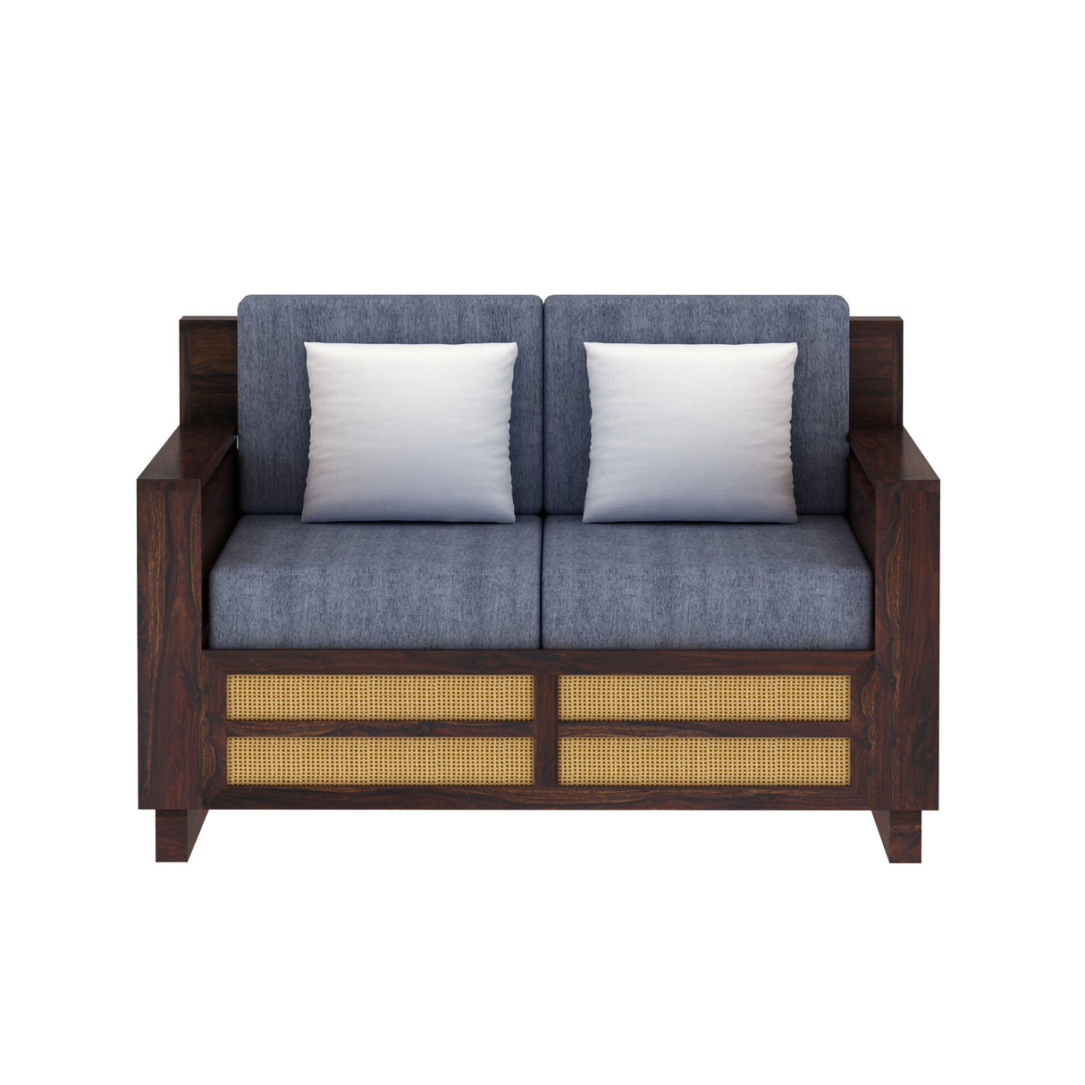 Syrus Solid Sheesham Wood 2 Seater Sofa With Side Pocket and Cane Design -3 Years Warranty
