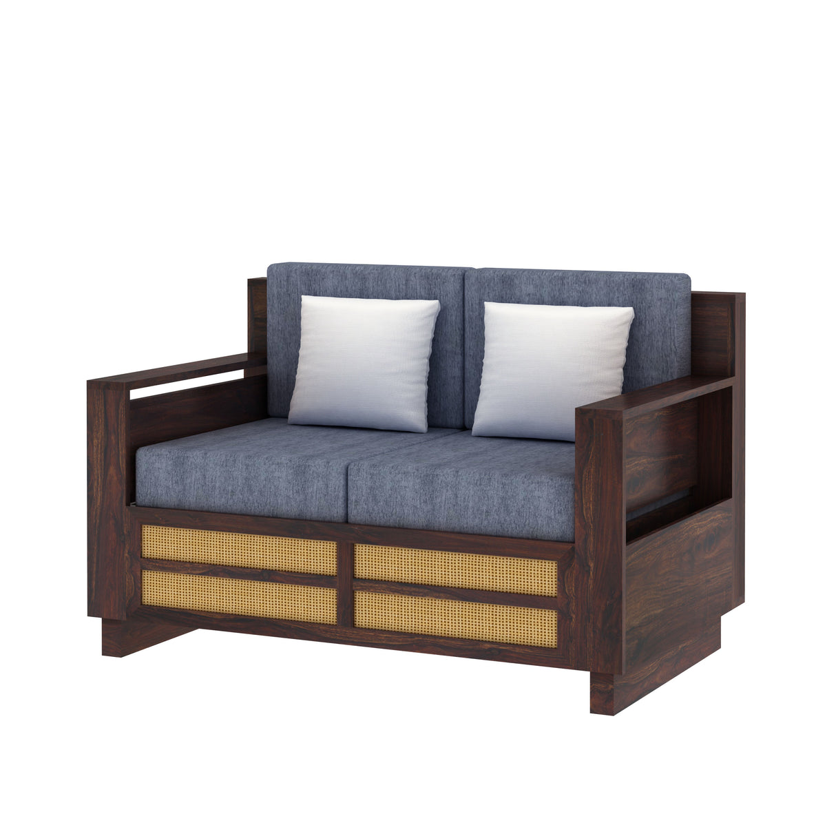 Syrus Solid Sheesham Wood 2 Seater Sofa With Side Pocket and Cane Design -3 Years Warranty