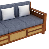 Syrus Solid Sheesham Wood 3 Seater Sofa With Side Pocket and Cane Design - 3 Year Warranty