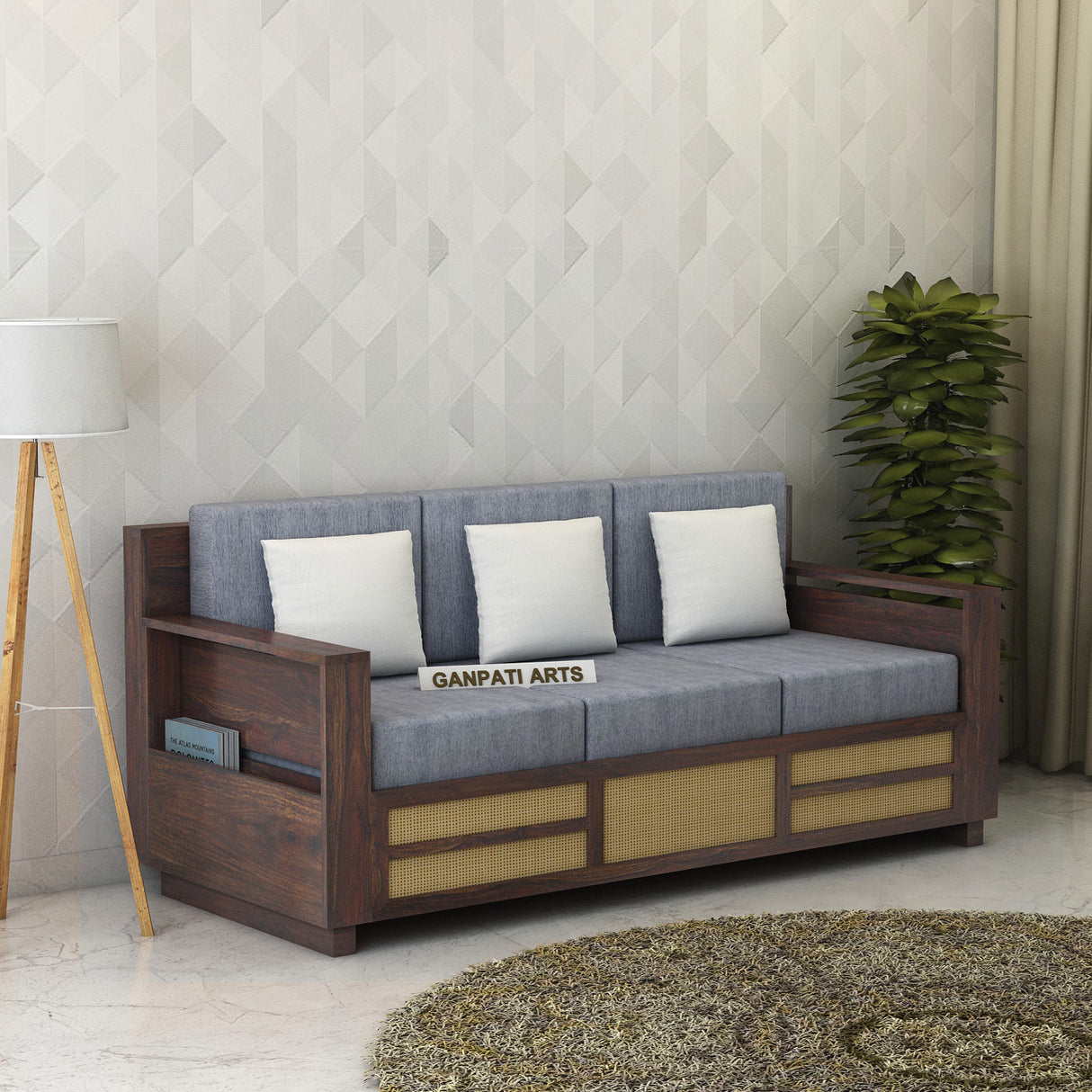 Syrus Solid Sheesham Wood 3 Seater Sofa With Side Pocket and Cane Design - 3 Year Warranty