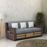 Syrus Solid Sheesham Wood 3 Seater Sofa With Side Pocket and Cane Design - 3 Year Warranty