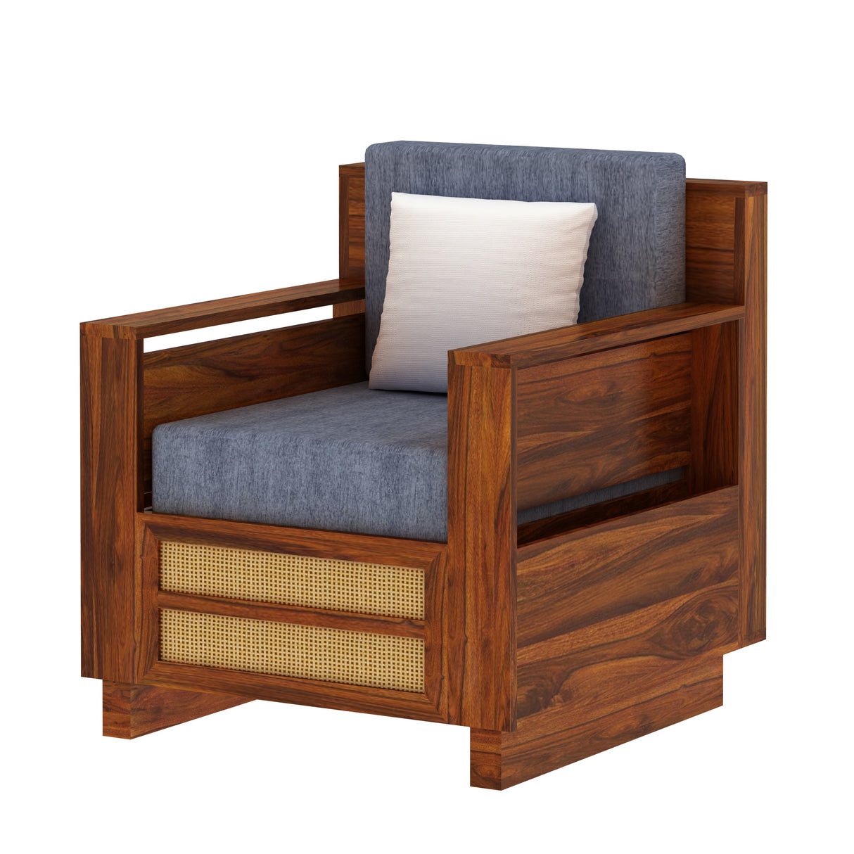 Syrus Solid Sheesham Wood Single Seater Sofa With Side Pocket and Cane Design - 3 Years Warranty