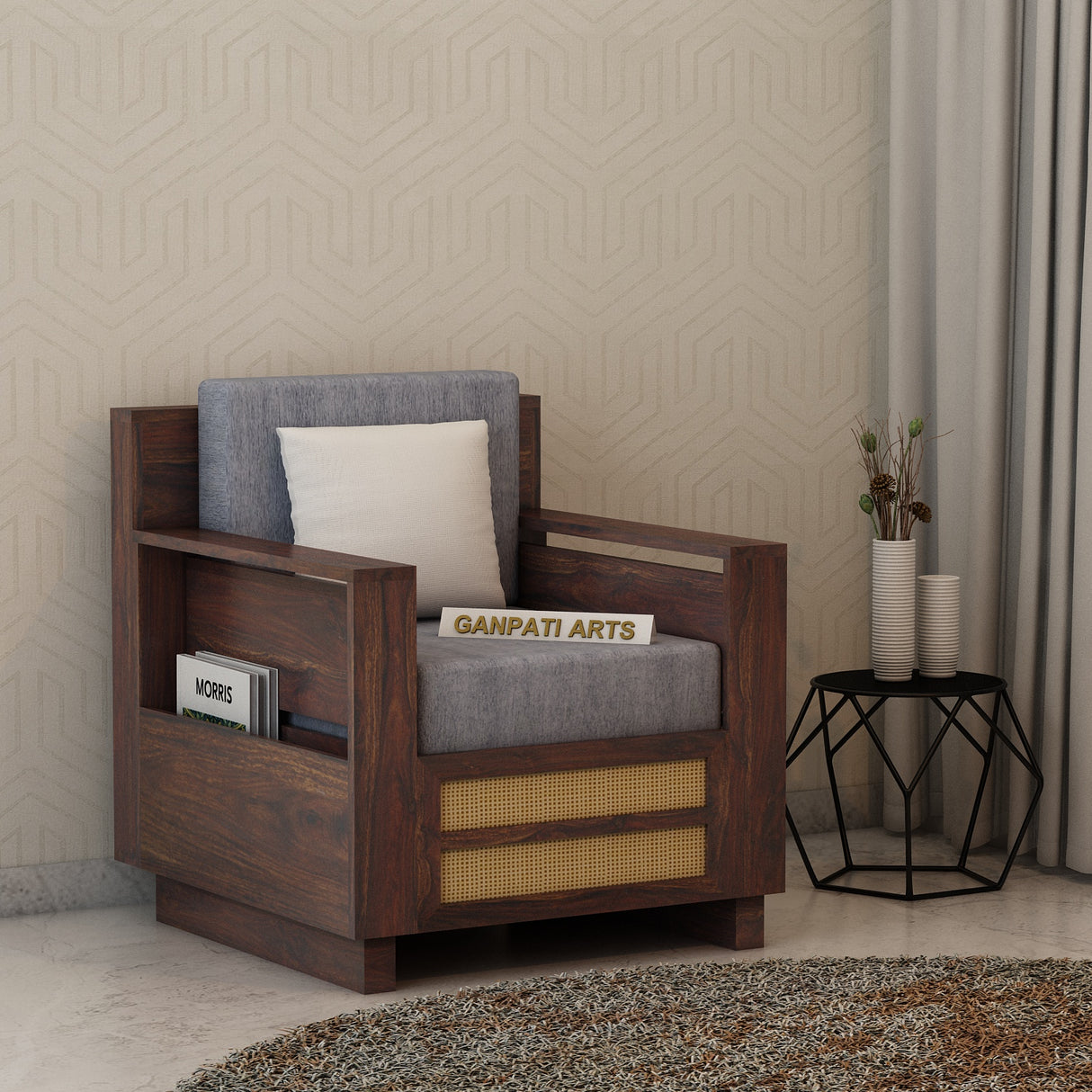 Syrus Solid Sheesham Wood Single Seater Sofa With Side Pocket and Cane Design - 3 Years Warranty