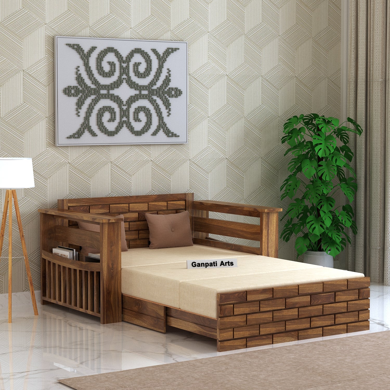 Italian Solid Sheesham Wood 2 Seater Sofa Cum Bed With Headboard and Mini Storage - 3 Years Warranty