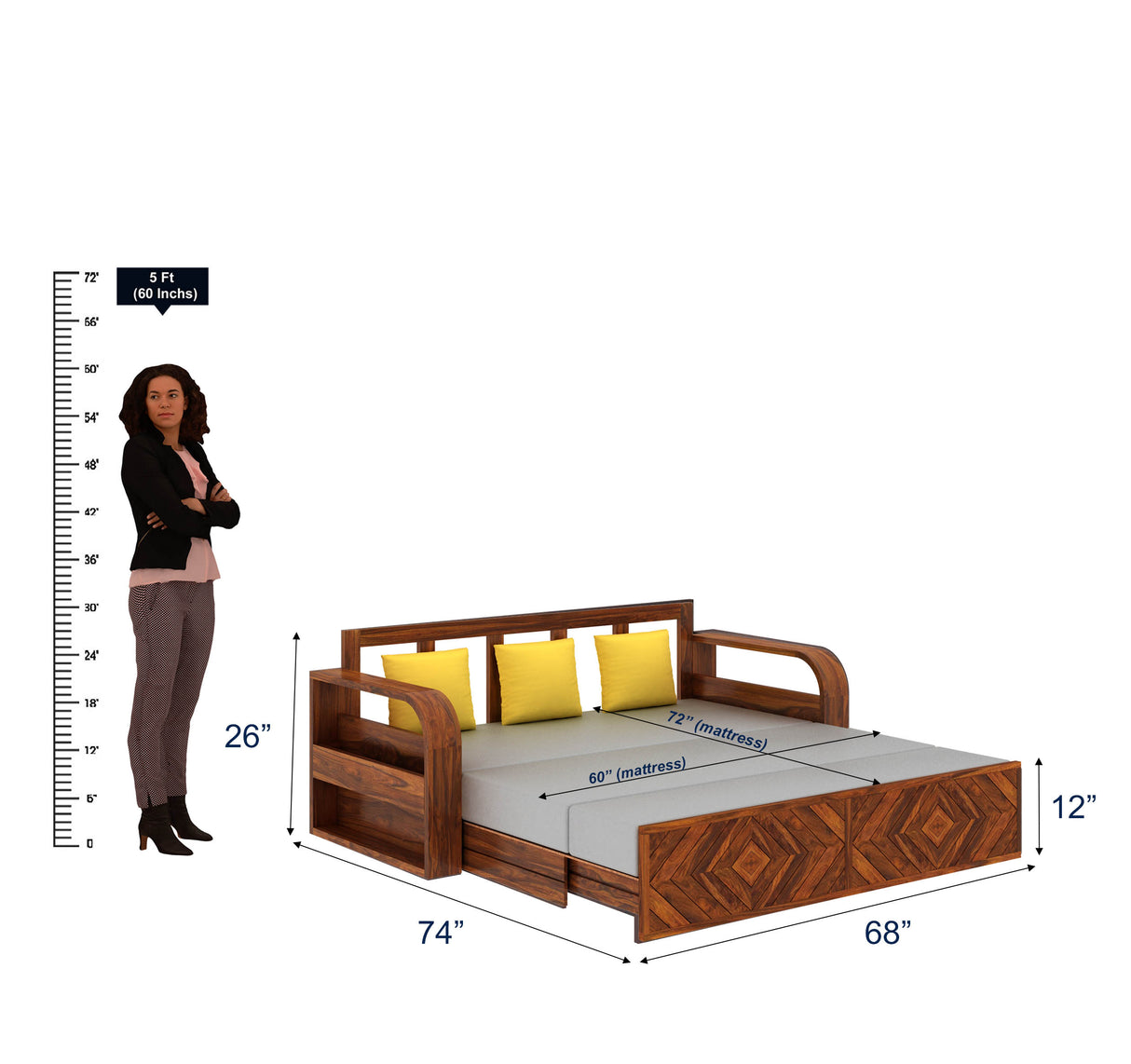 Wave Solid Sheesham Wood 3 Seater Sofa Cum Bed with Footboard Design - 3 years Warranty