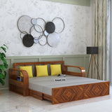Wave Solid Sheesham Wood 3 Seater Sofa Cum Bed with Footboard Design - 3 years Warranty