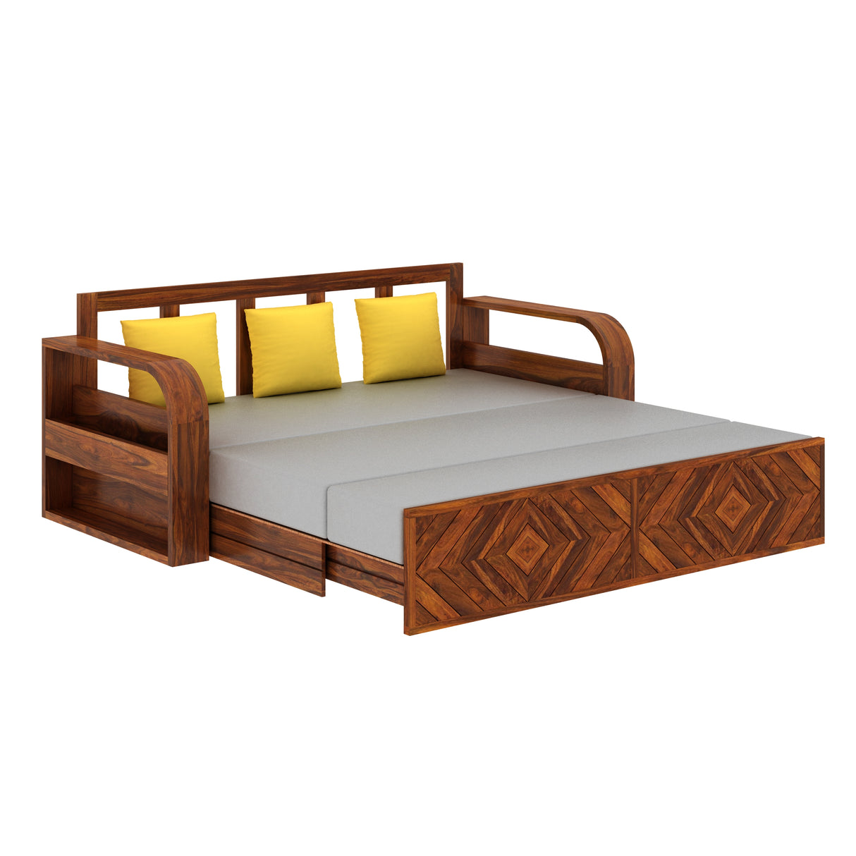 Wave Solid Sheesham Wood 3 Seater Sofa Cum Bed with Footboard Design - 3 years Warranty