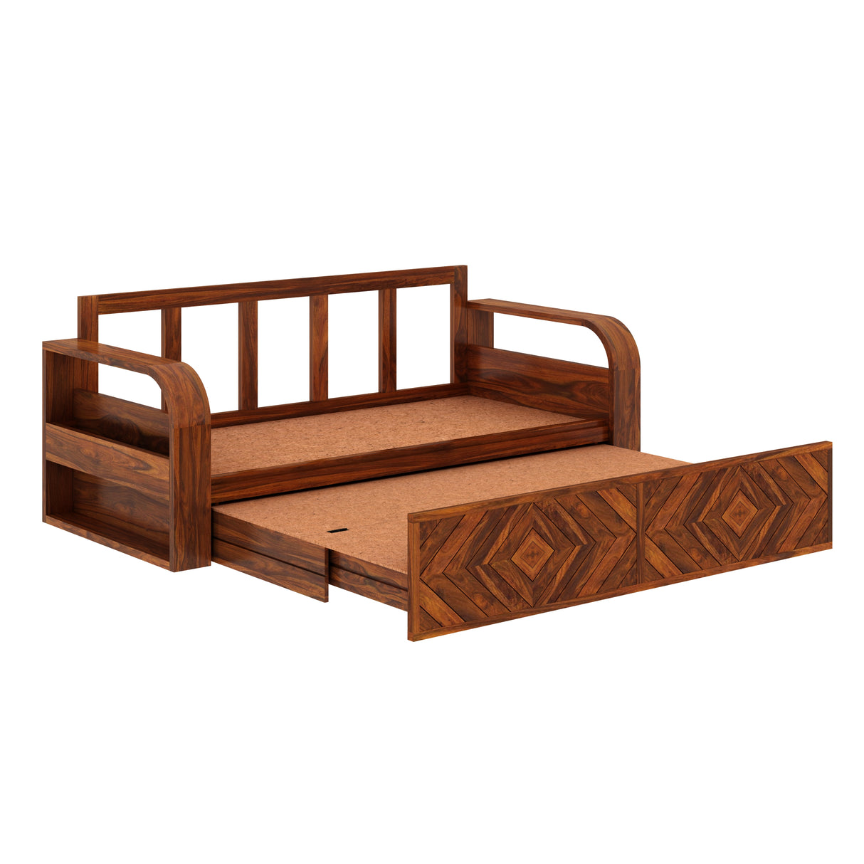 Wave Solid Sheesham Wood 3 Seater Sofa Cum Bed with Footboard Design - 3 years Warranty