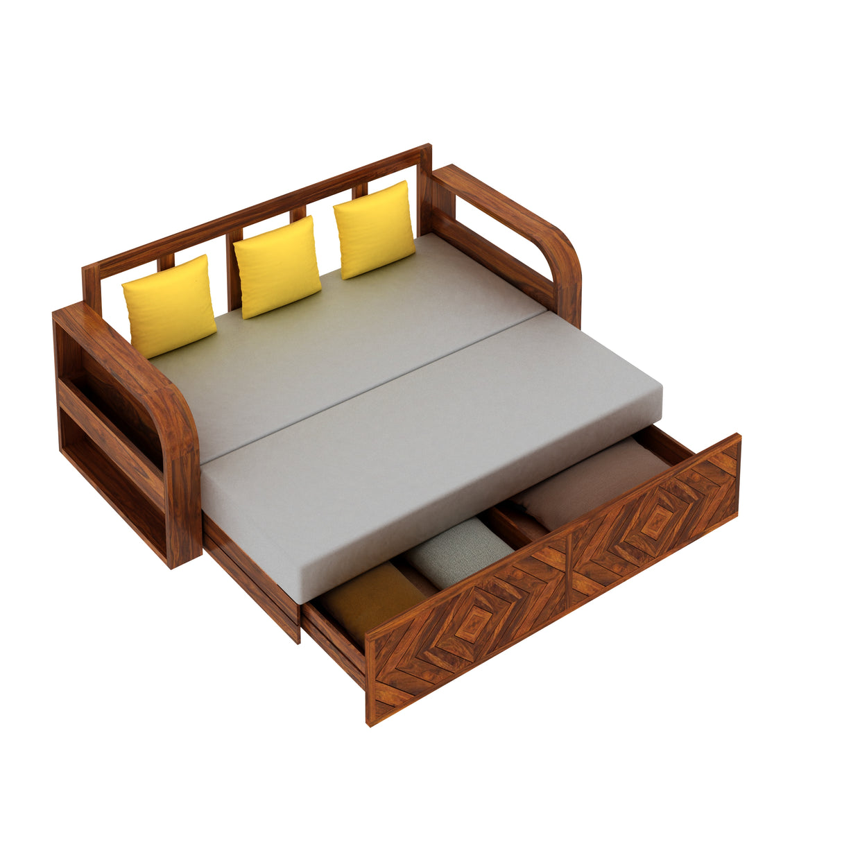 Wave Solid Sheesham Wood 3 Seater Sofa Cum Bed with Footboard Design - 3 years Warranty