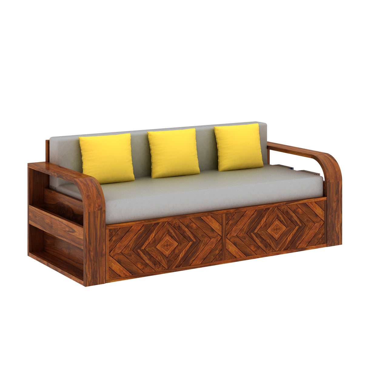 Wave Solid Sheesham Wood 3 Seater Sofa Cum Bed with Footboard Design - 3 years Warranty