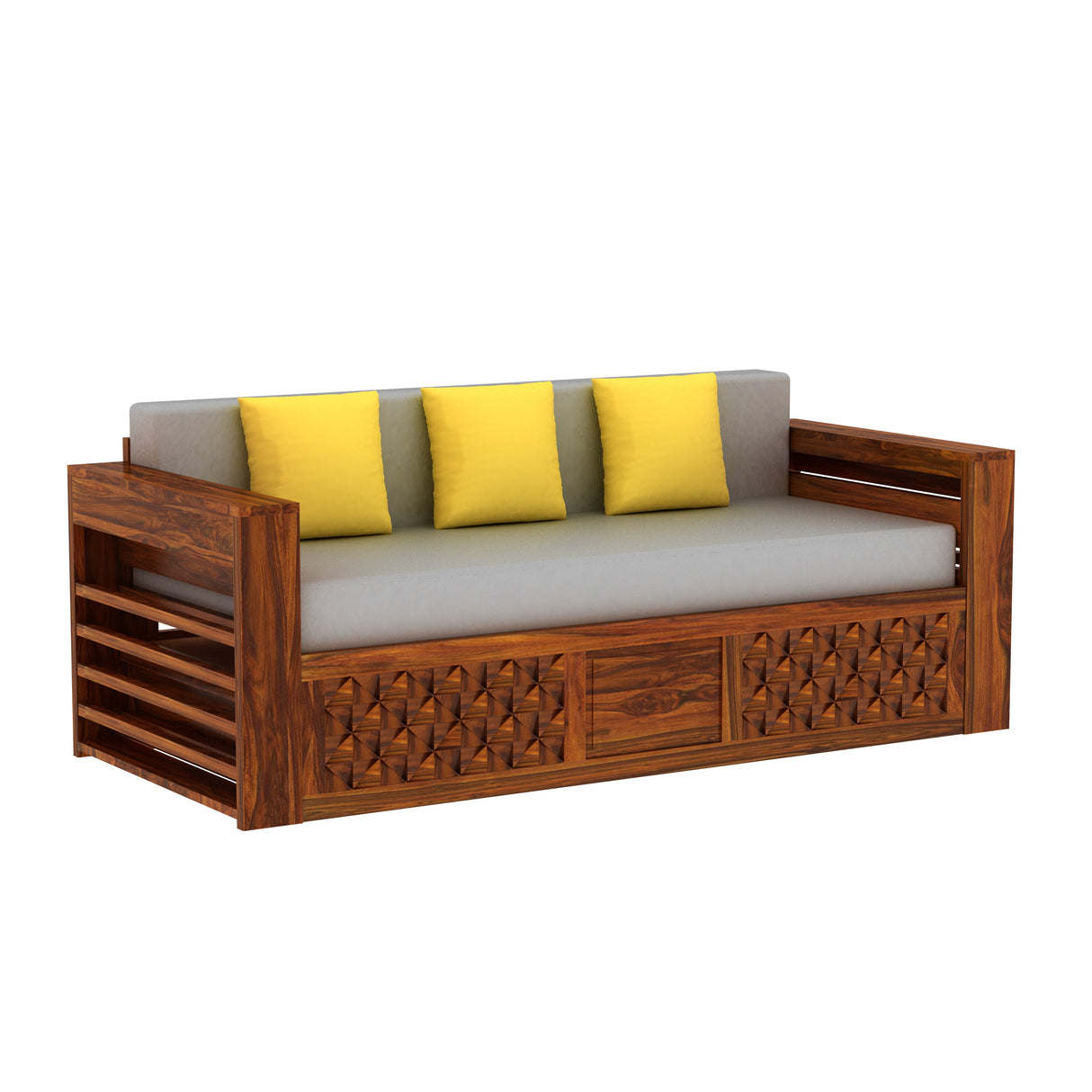 Raj Solid Sheesham Wood 3 Seater Sofa Cum Bed with Mini Storage and Side Pockets - 3 Years Warranty