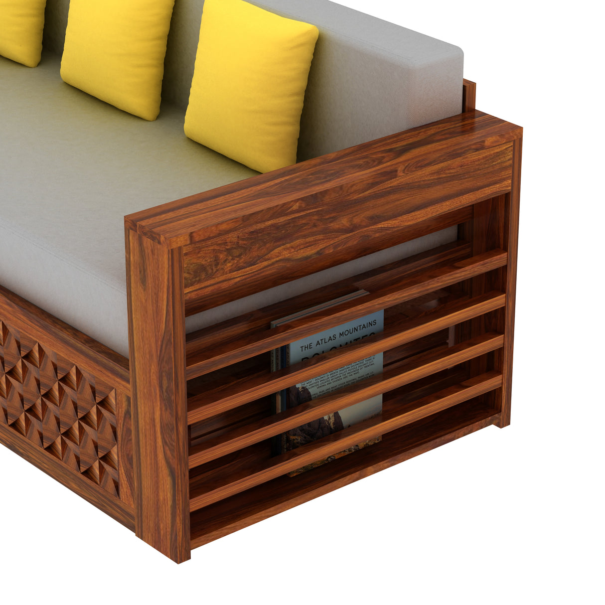 Raj Solid Sheesham Wood 3 Seater Sofa Cum Bed with Mini Storage and Side Pockets - 3 Years Warranty