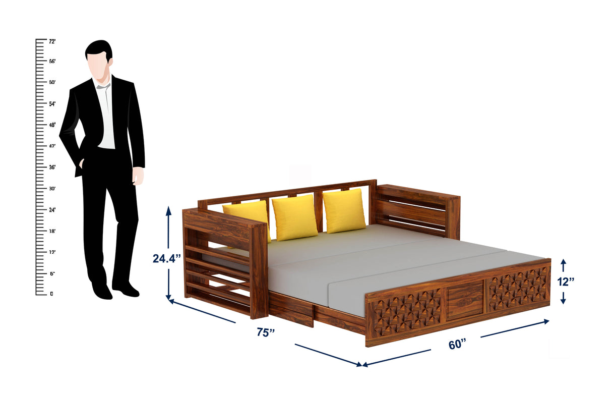 Raj Solid Sheesham Wood 3 Seater Sofa Cum Bed with Mini Storage and Side Pockets - 3 Years Warranty