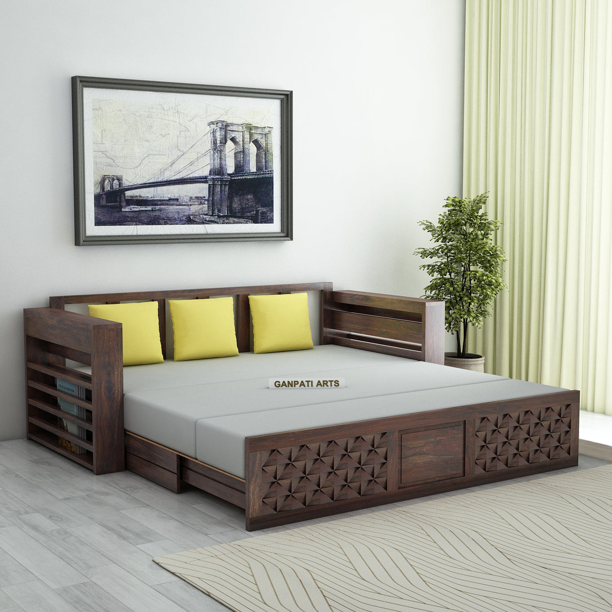 Raj Solid Sheesham Wood 3 Seater Sofa Cum Bed with Mini Storage and Side Pockets - 3 Years Warranty