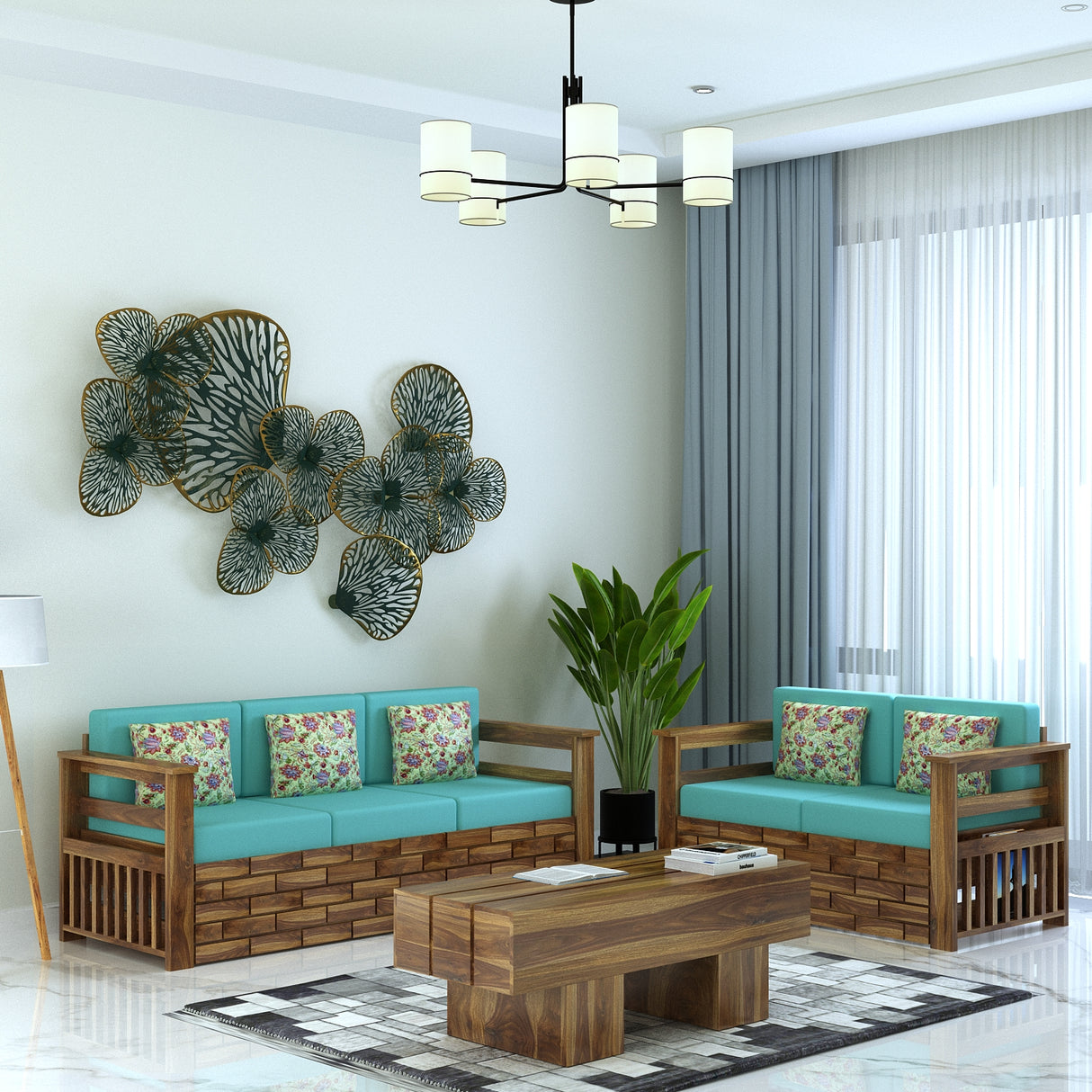 Italian Solid Sheesham Wood 5 Seater Sofa With Side Pockets - 3 Years Warranty