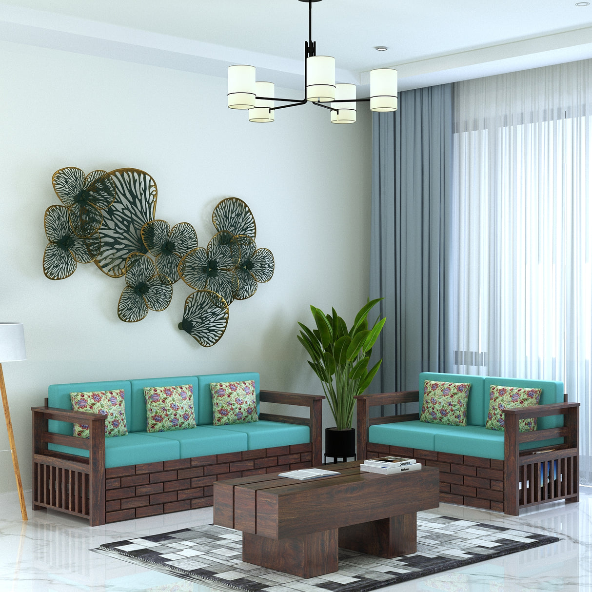 Italian Solid Sheesham Wood 5 Seater Sofa With Side Pockets - 3 Years Warranty