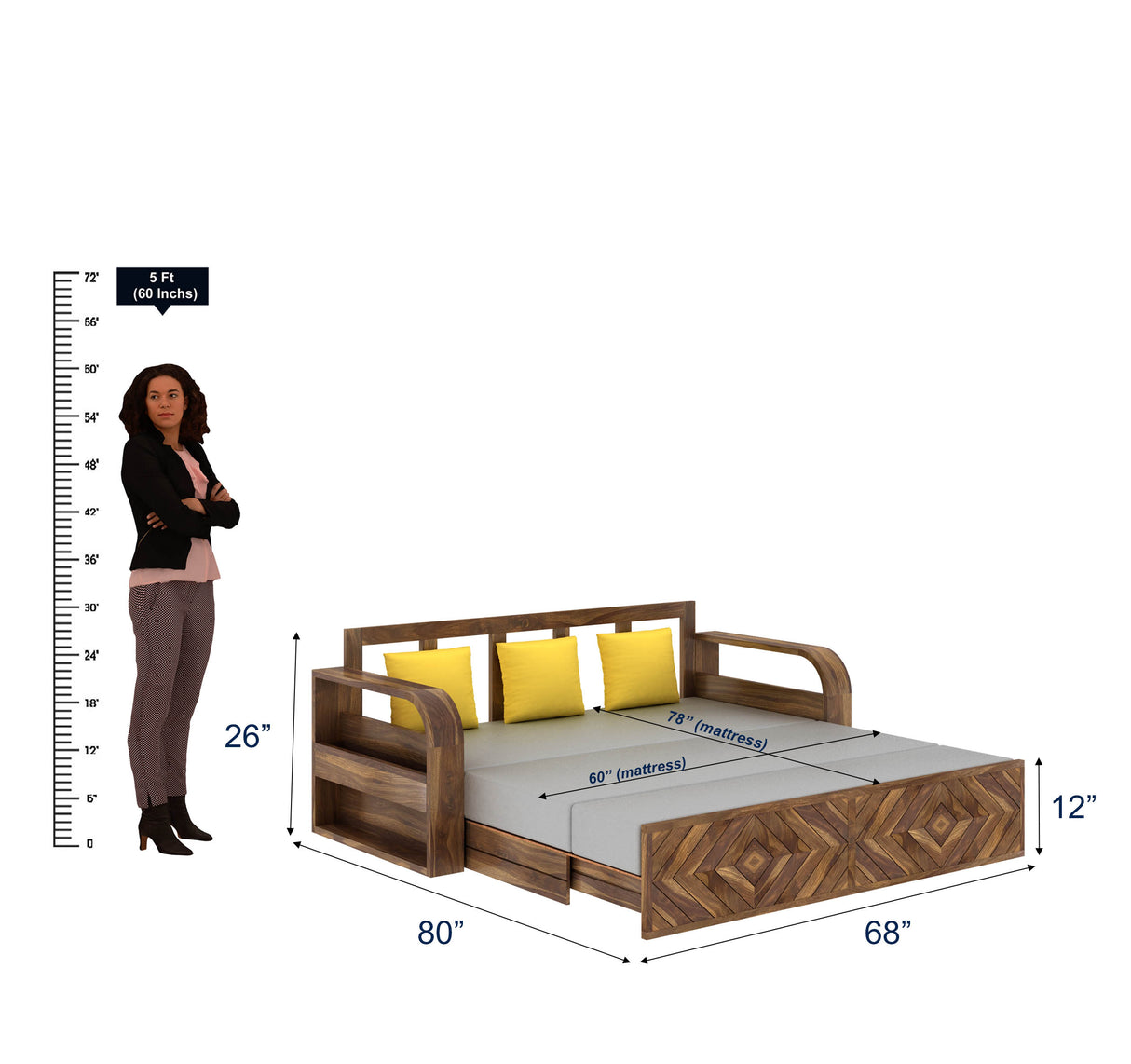 Wave Solid Sheesham Wood 3 Seater Sofa Cum Bed with Footboard Design - 1 Year Warranty