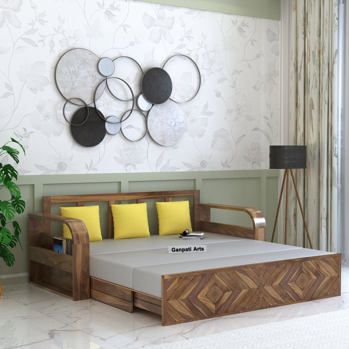 Wave Solid Sheesham Wood 3 Seater Sofa Cum Bed with Footboard Design - 3 years Warranty