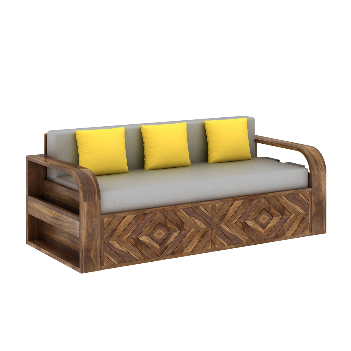 Wave Solid Sheesham Wood 3 Seater Sofa Cum Bed with Footboard Design - 3 years Warranty