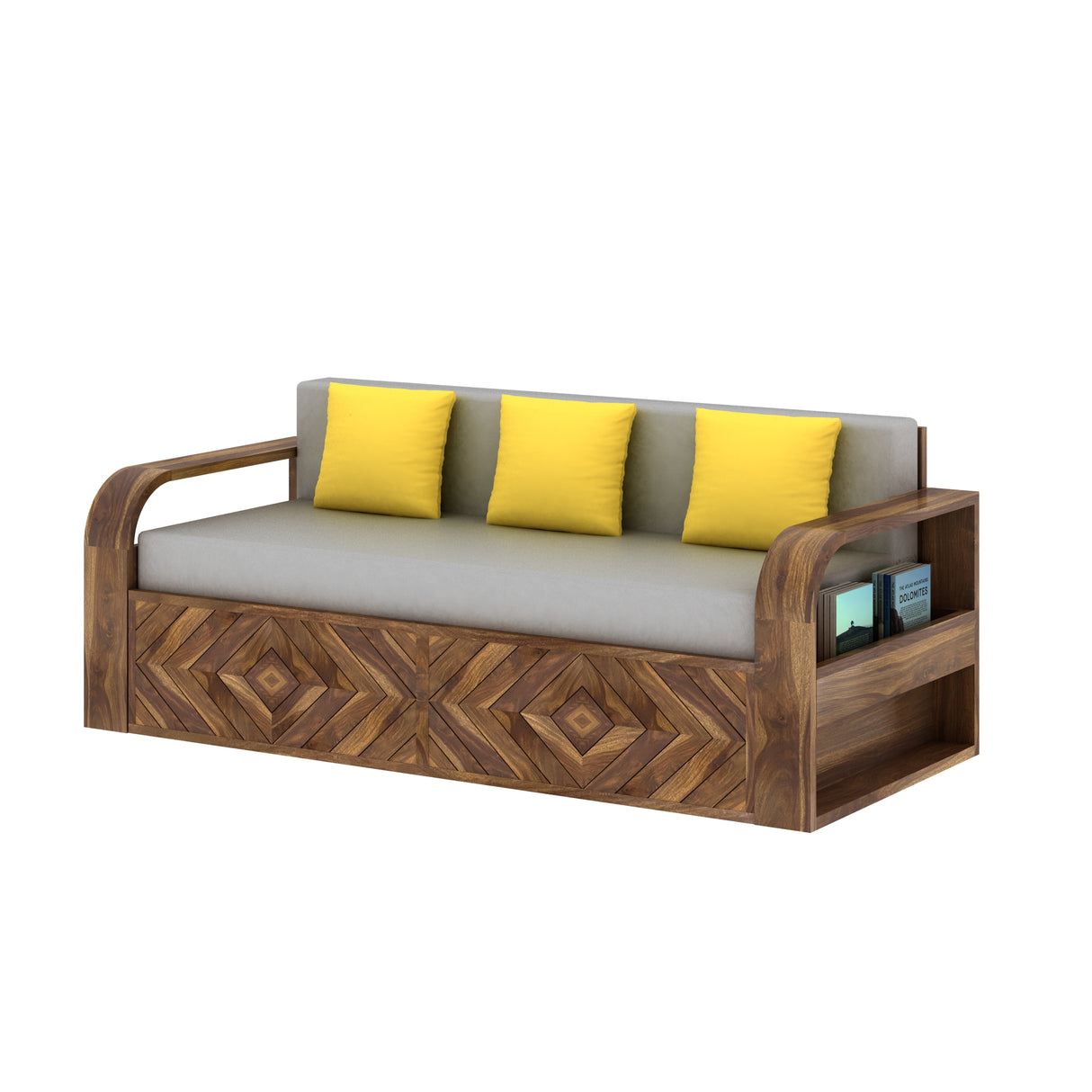 Wave Solid Sheesham Wood 3 Seater Sofa Cum Bed with Footboard Design - 1 Year Warranty