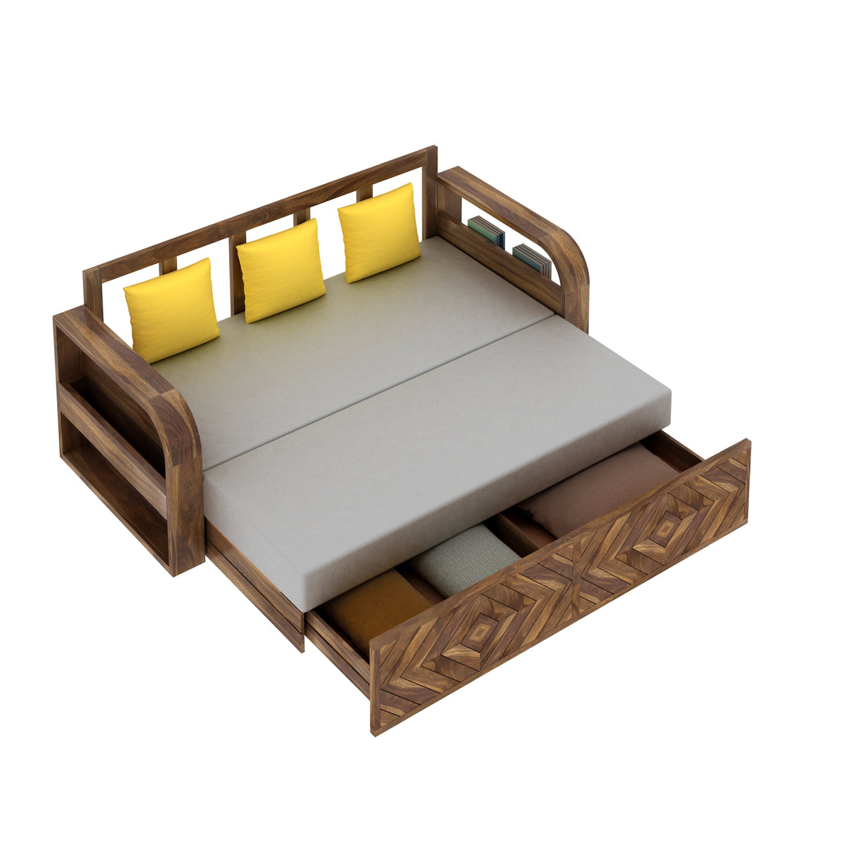 Wave Solid Sheesham Wood 3 Seater Sofa Cum Bed with Footboard Design - 3 years Warranty