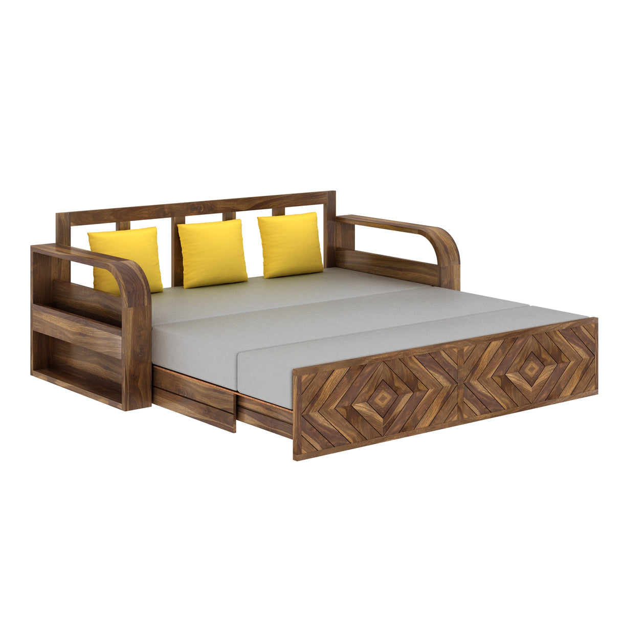 Wave Solid Sheesham Wood 3 Seater Sofa Cum Bed with Footboard Design - 3 years Warranty