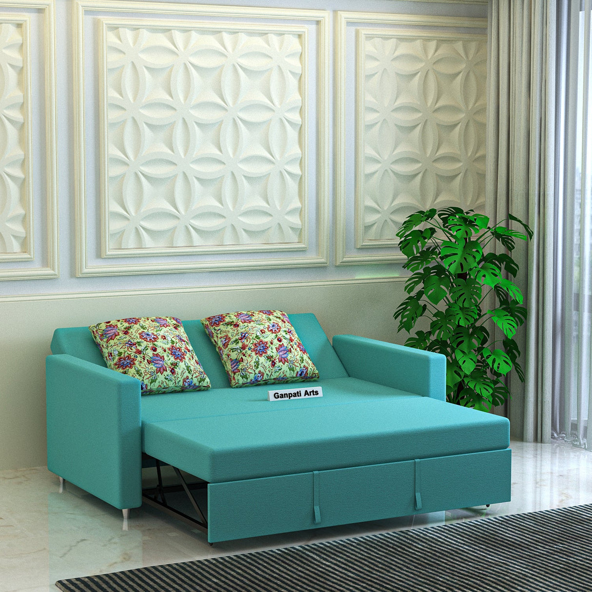 Victoria Fabric 3 Seater Pull Out Sofa Cum Bed(Blue) - 24 Months Warranty