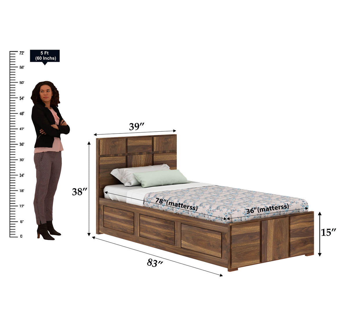 Scott Solid Sheesham Wood Single Bed With Box Storage - 3 years Warranty