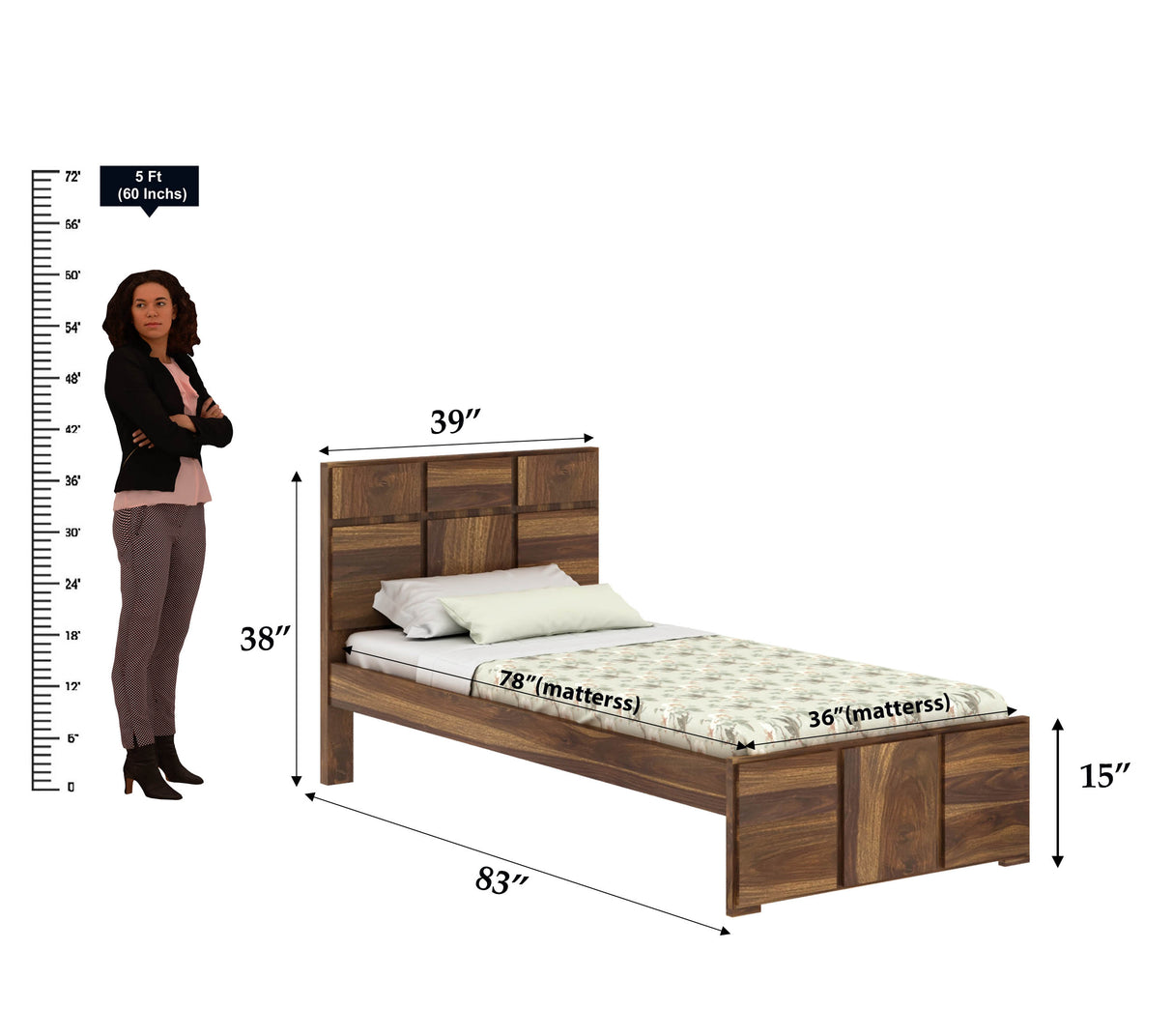 Scott Solid Sheesham Wood Single Bed  - 3 years Warranty