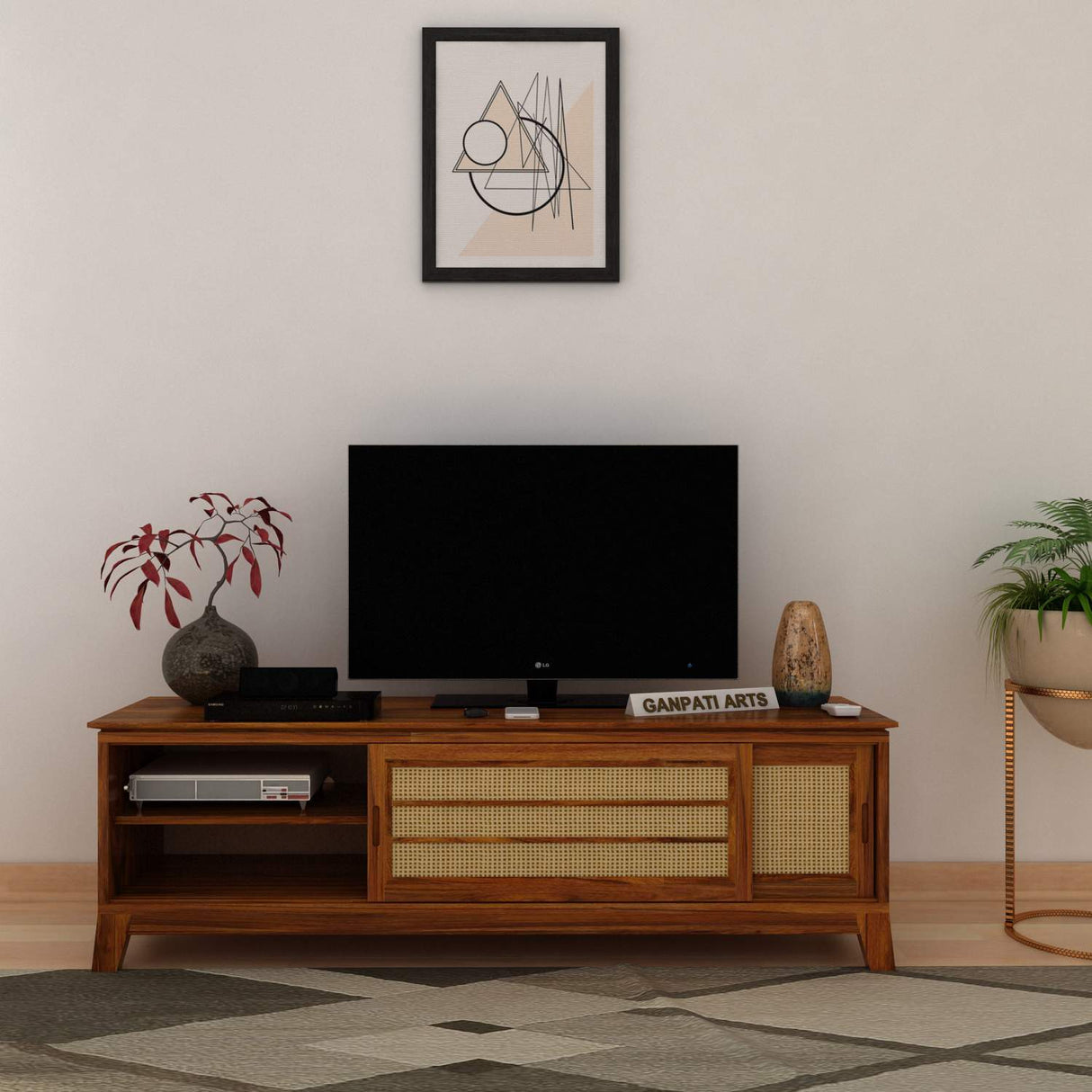 Cosmos Solid Sheesham Wood TV Unit Cane With Sliding Doors - 3 Years Warranty