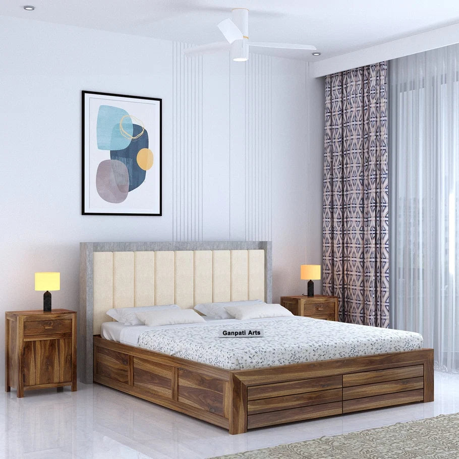 Hynes Solid Sheesham Wood Bed With Box Storage & Upholstered Headboard-3 years Warranty(Luxe Edition) features