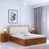 Hynes Solid Sheesham Wood Bed With Hydraulic Box Storage & Upholstered Headboard-1 Year Warranty(LUXE EDITION)