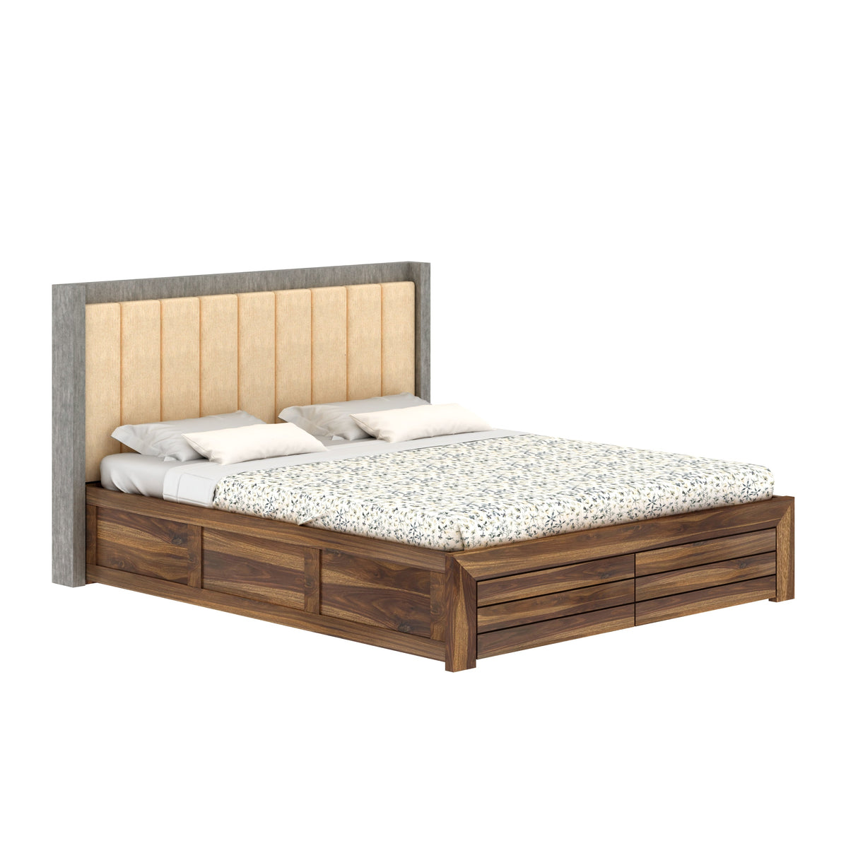 Hynes Solid Sheesham Wood Bed With Box Storage & Upholstered Headboard-3 years Warranty(Luxe Edition)