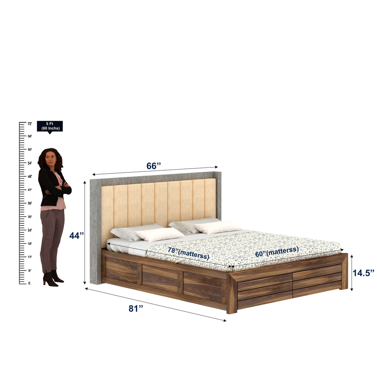 Hynes Solid Sheesham Wood Bed With Box Storage & Upholstered Headboard-3 years Warranty(Luxe Edition)