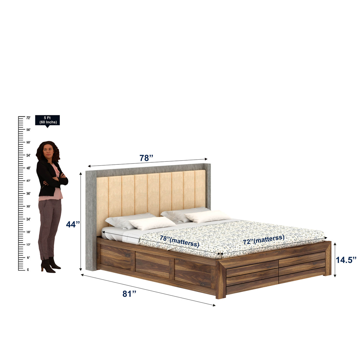 Hynes Solid Sheesham Wood Bed With Box Storage & Upholstered Headboard-3 years Warranty(Luxe Edition)