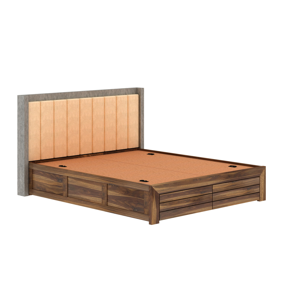 Hynes Solid Sheesham Wood Bed With Box Storage & Upholstered Headboard-1 Year Warranty(Luxe Edition)